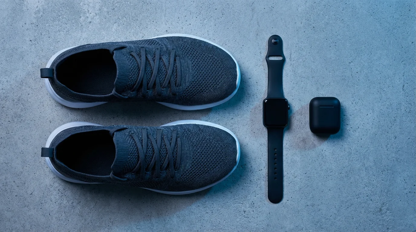 Flat lay of running shoes and smartwatch on concrete under cool blue evening lighting.