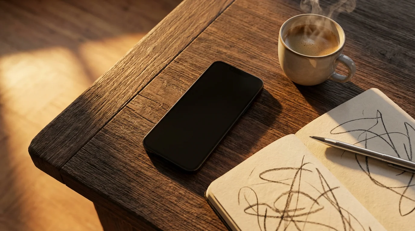 Flat lay of smartphone face down on wooden desk with notebook in golden light.