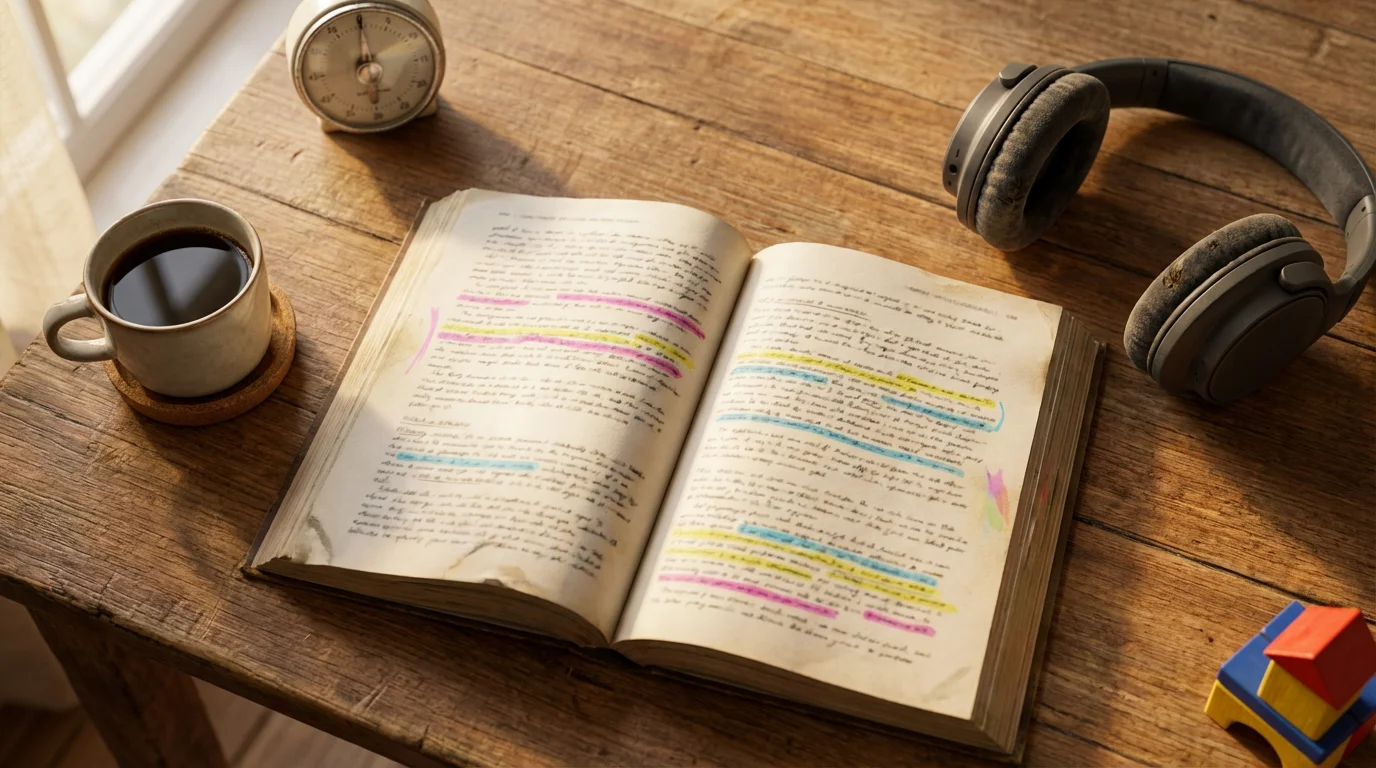 Flat lay of study materials, headphones, and timer on a wooden table near a toy block.