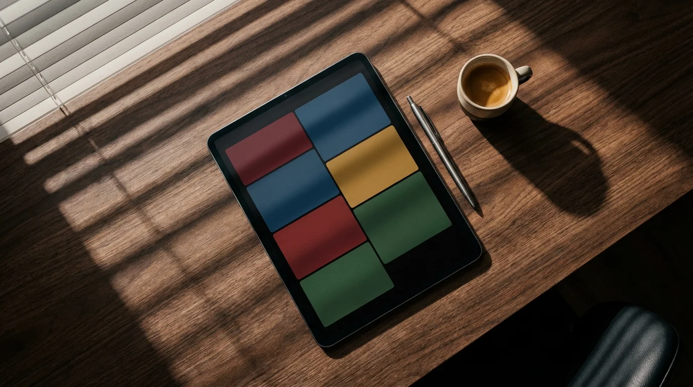 Flat lay of tablet showing abstract time blocks on dark desk with dramatic afternoon shadows.