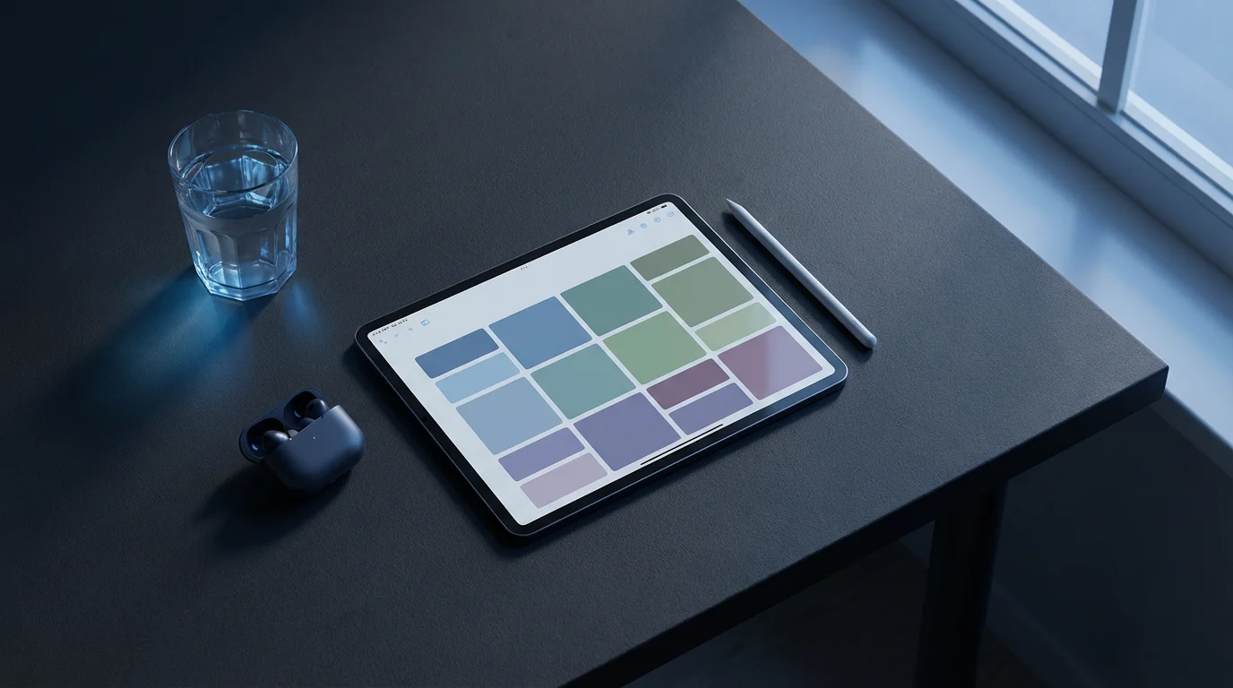 Flat lay of tablet showing blank time blocks on dark desk during blue hour.