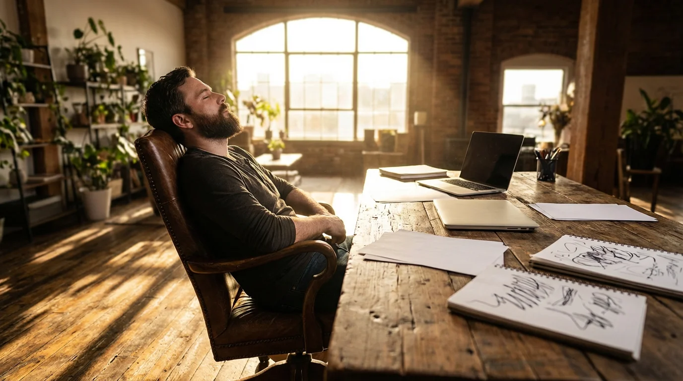 Freelancer thinking at a desk in a home office with dramatic afternoon lighting.