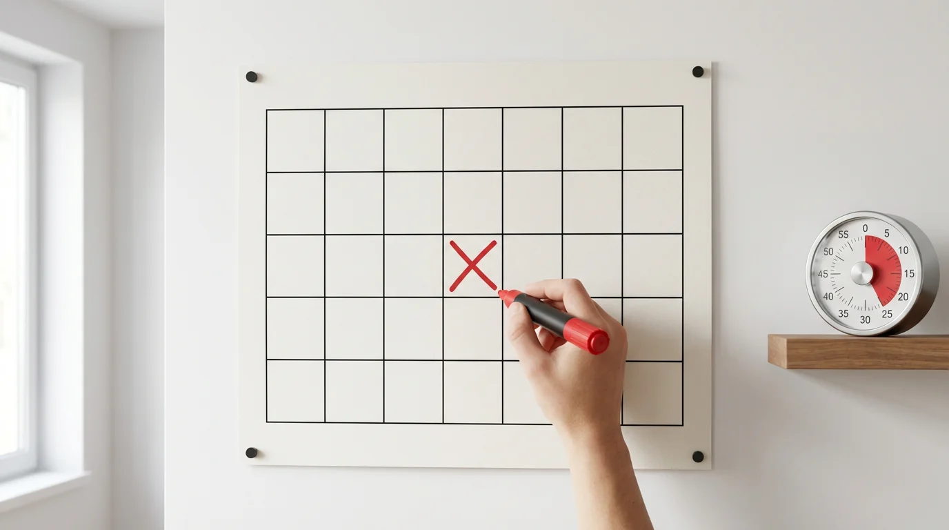 Hand drawing a red X on a blank wall calendar grid to mark a habit.