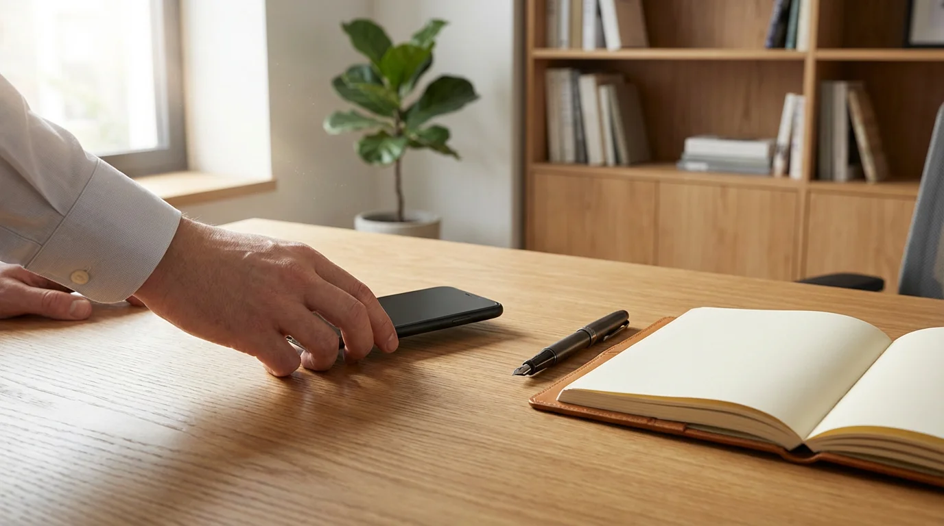 Hands placing smartphone on wooden desk next to notebook in sunlit home office.