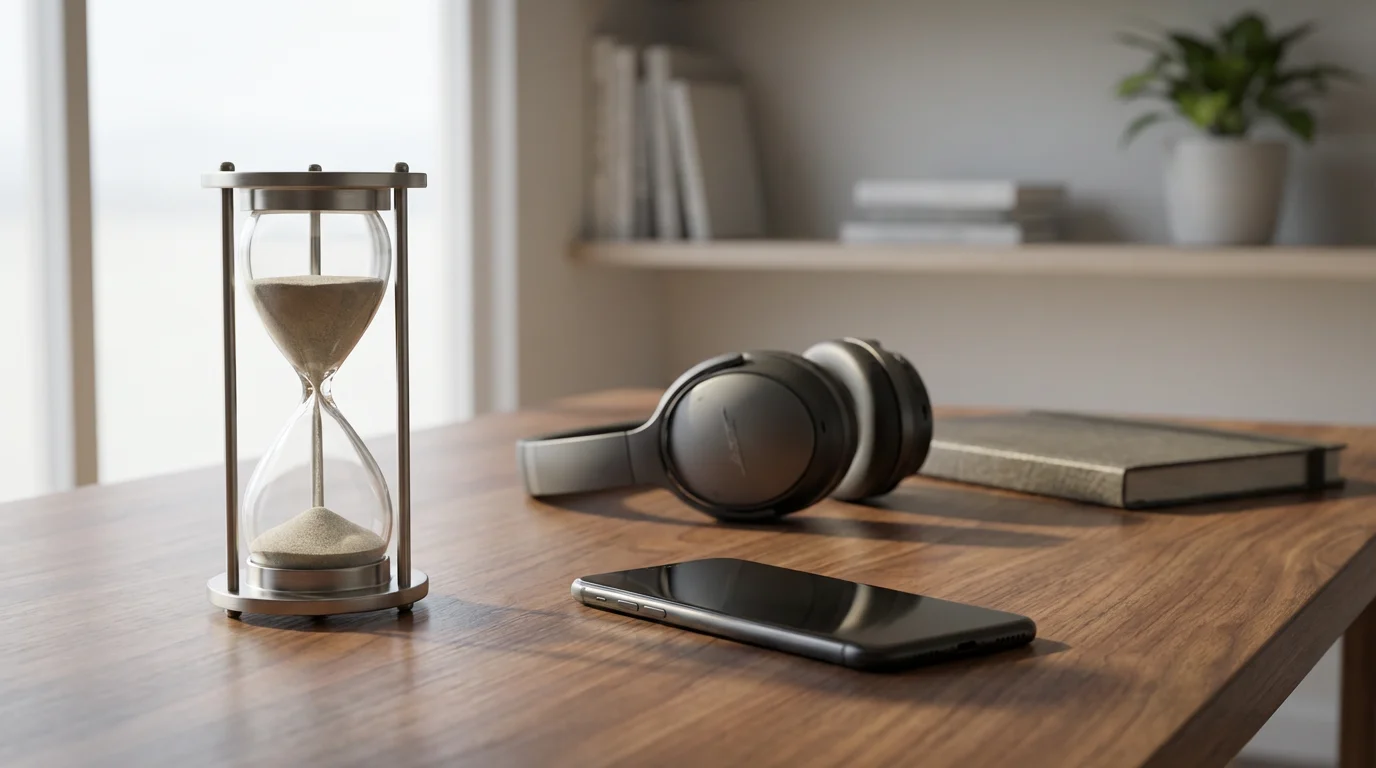 Hourglass and face-down phone on a minimalist desk representing focused productivity strategies.