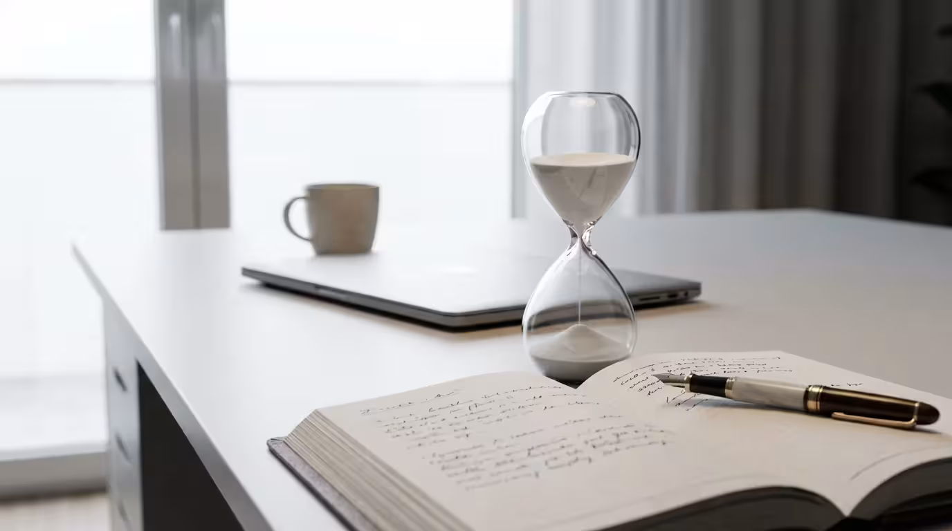 Hourglass and planner on a desk representing time blocking and structured work.