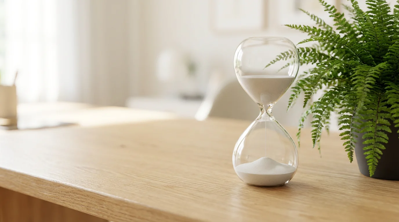 Hourglass and small plant on a sunlit wooden desk for productivity motivation.