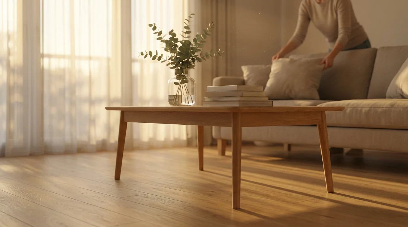 Low angle photo of a clean living room coffee table during golden hour.