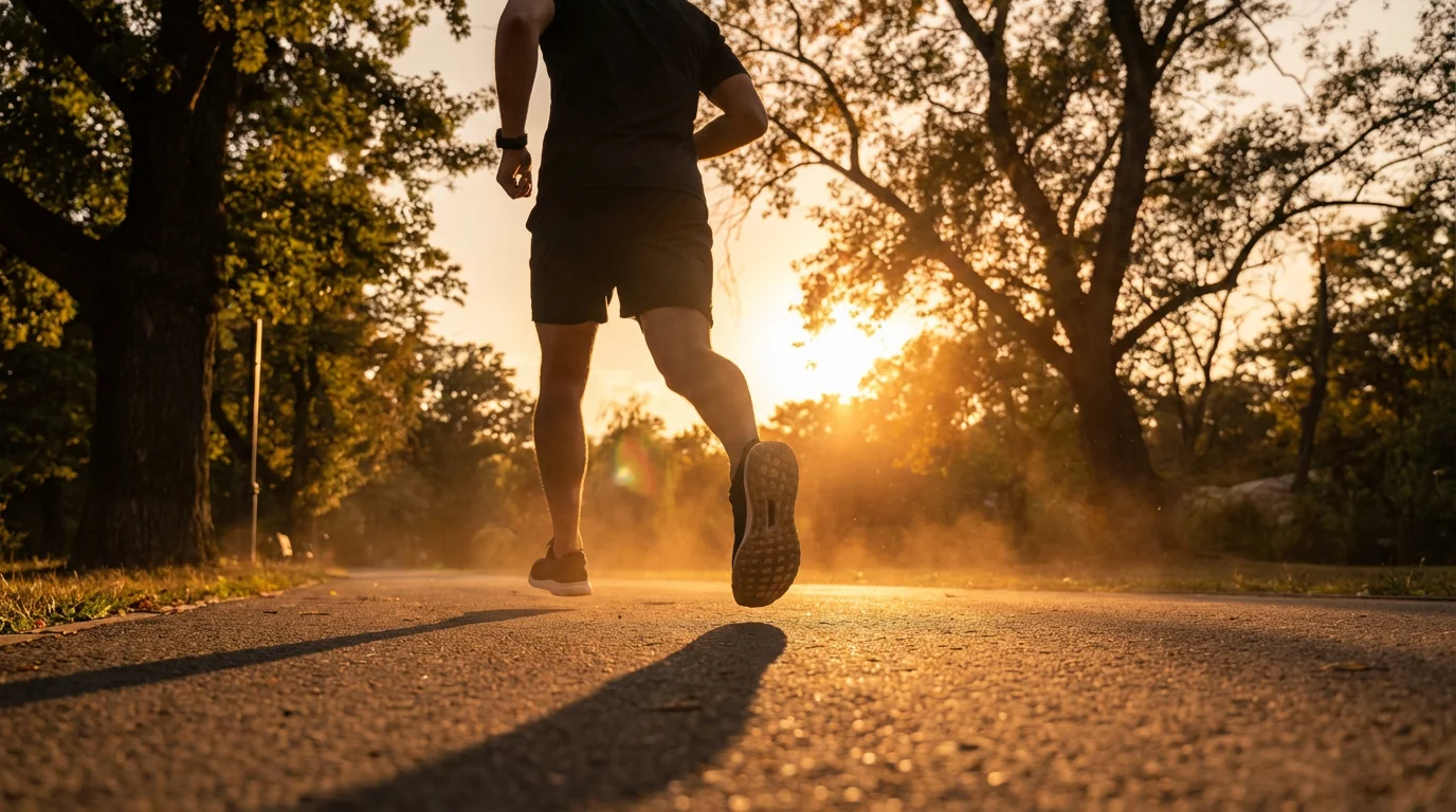Low angle photo of a man running on a park path during golden hour sunset.