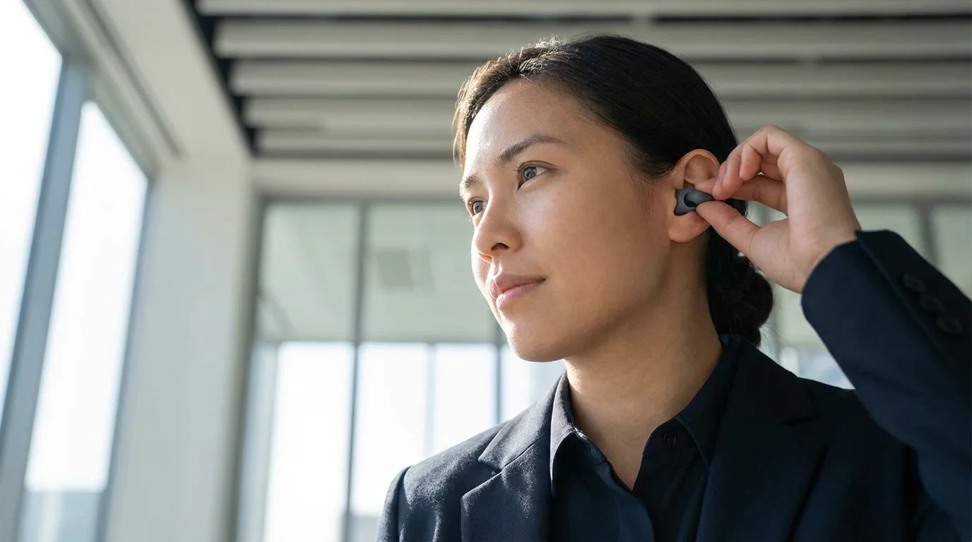 Low angle photo of a person inserting a reusable noise-reducing earplug in a sunlit office.
