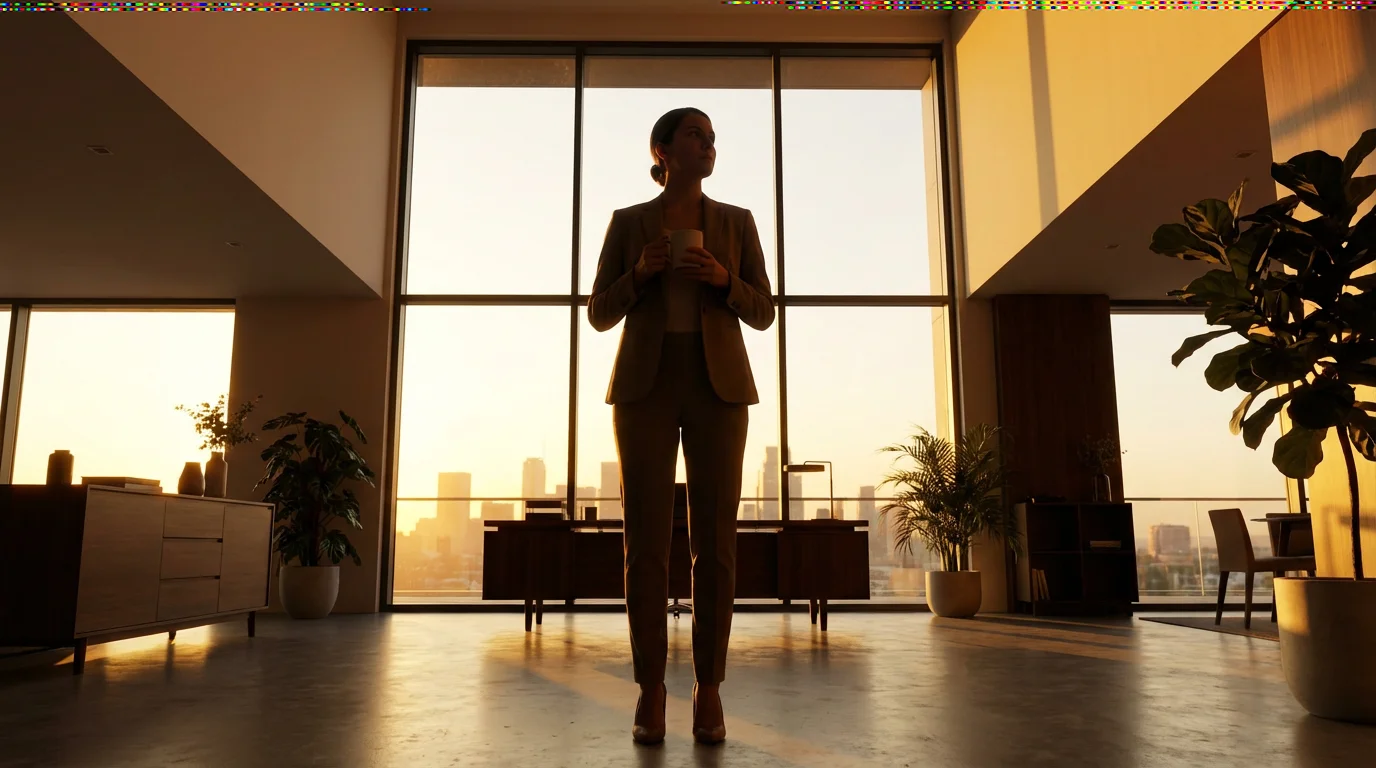 Low angle photo of a professional holding coffee by a window during golden hour sunrise.