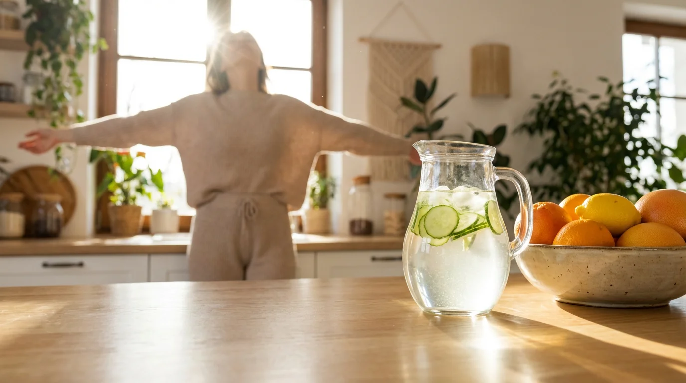Low angle shot of fresh fruit and water in a sunlit kitchen with person stretching.