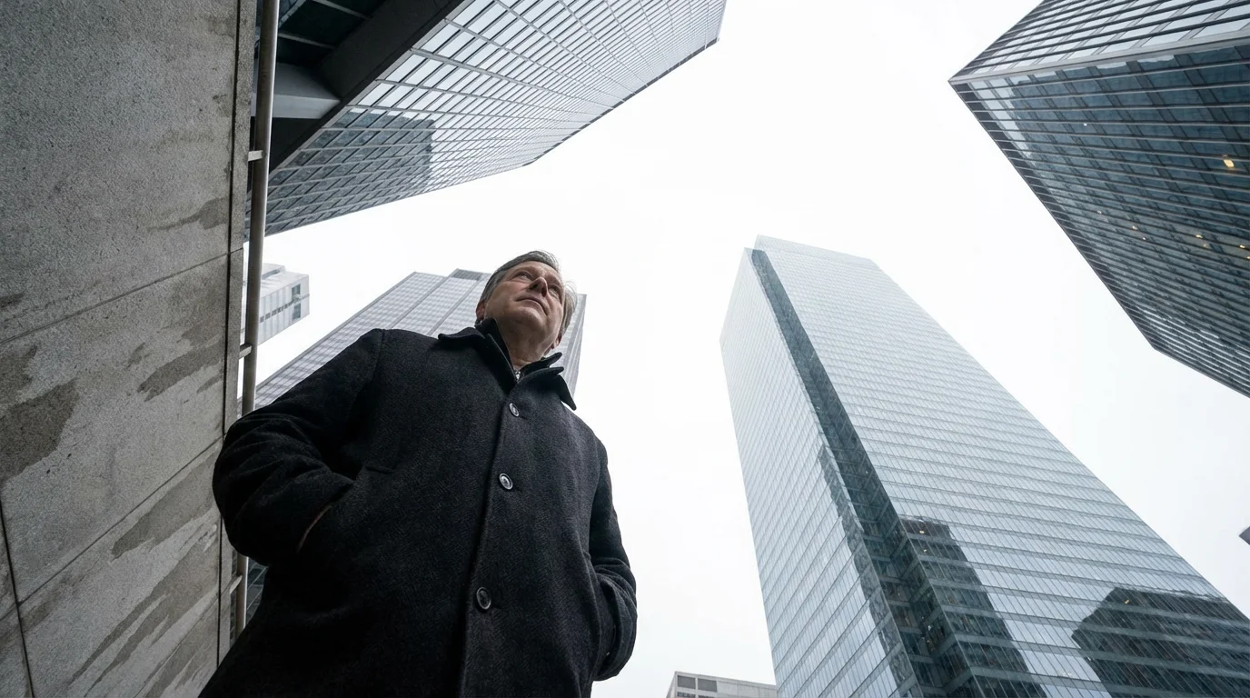 Low angle view of a person standing between tall skyscrapers under a cloudy sky.