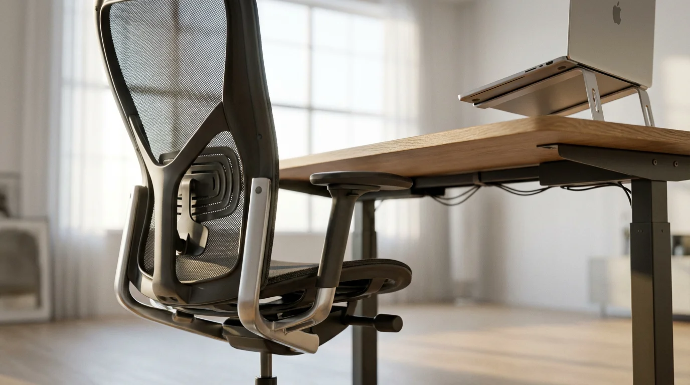 Low angle view of ergonomic mesh chair and laptop stand on a tidy desk.