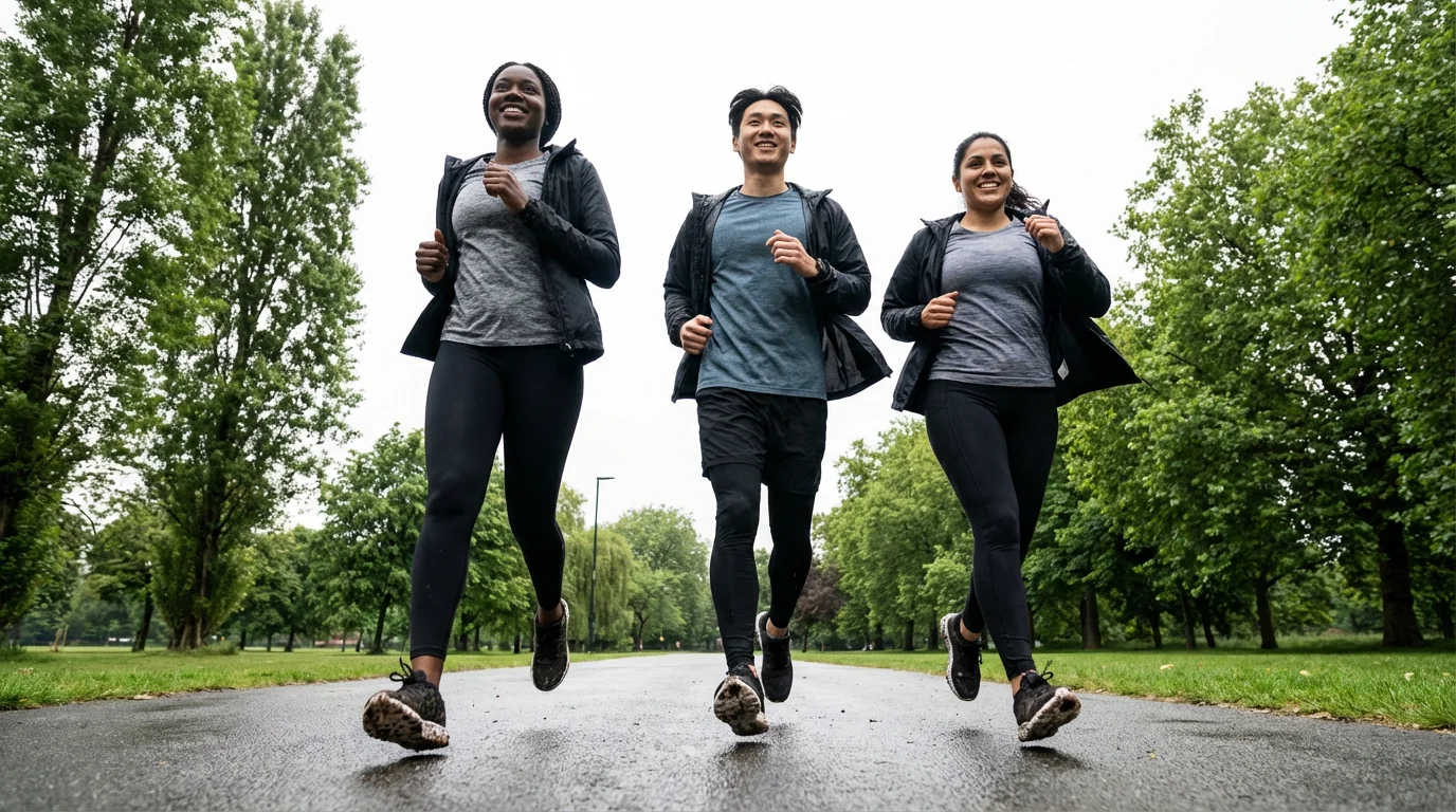 Low angle view of friends jogging together in a park under an overcast sky.