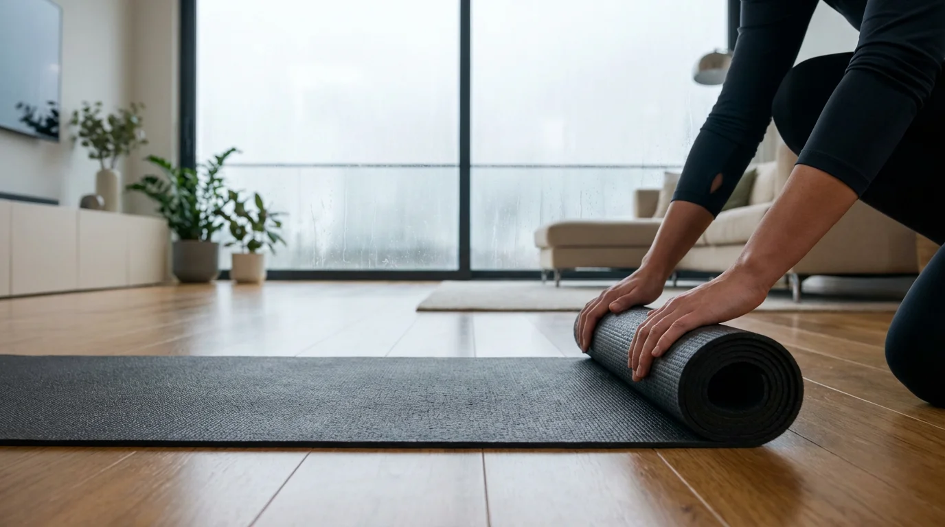 Low angle view of hands unrolling a yoga mat indoors on a cloudy day.