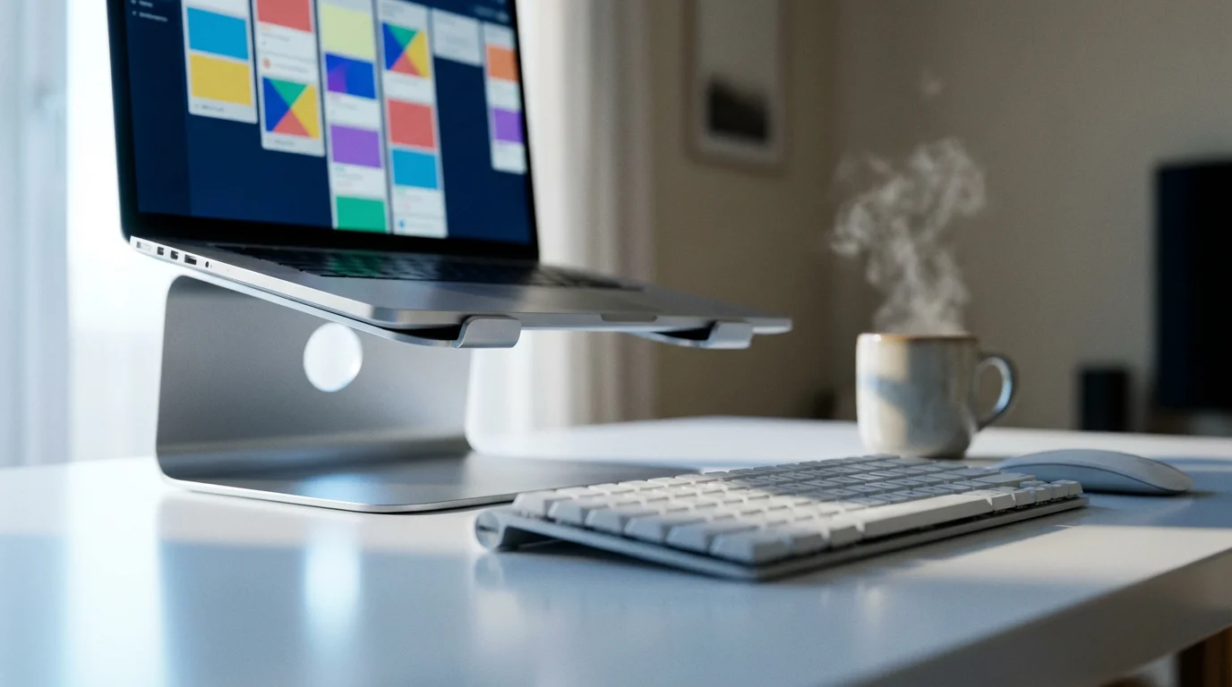 Low angle view of modern desk workspace with laptop and abstract project management visuals.