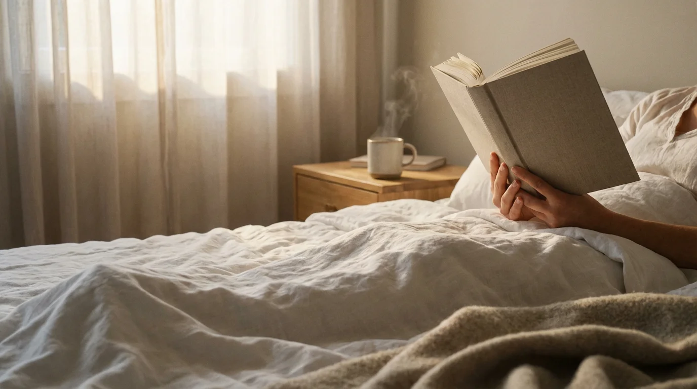 Low angle view of person reading physical book in sunny bedroom without technology.
