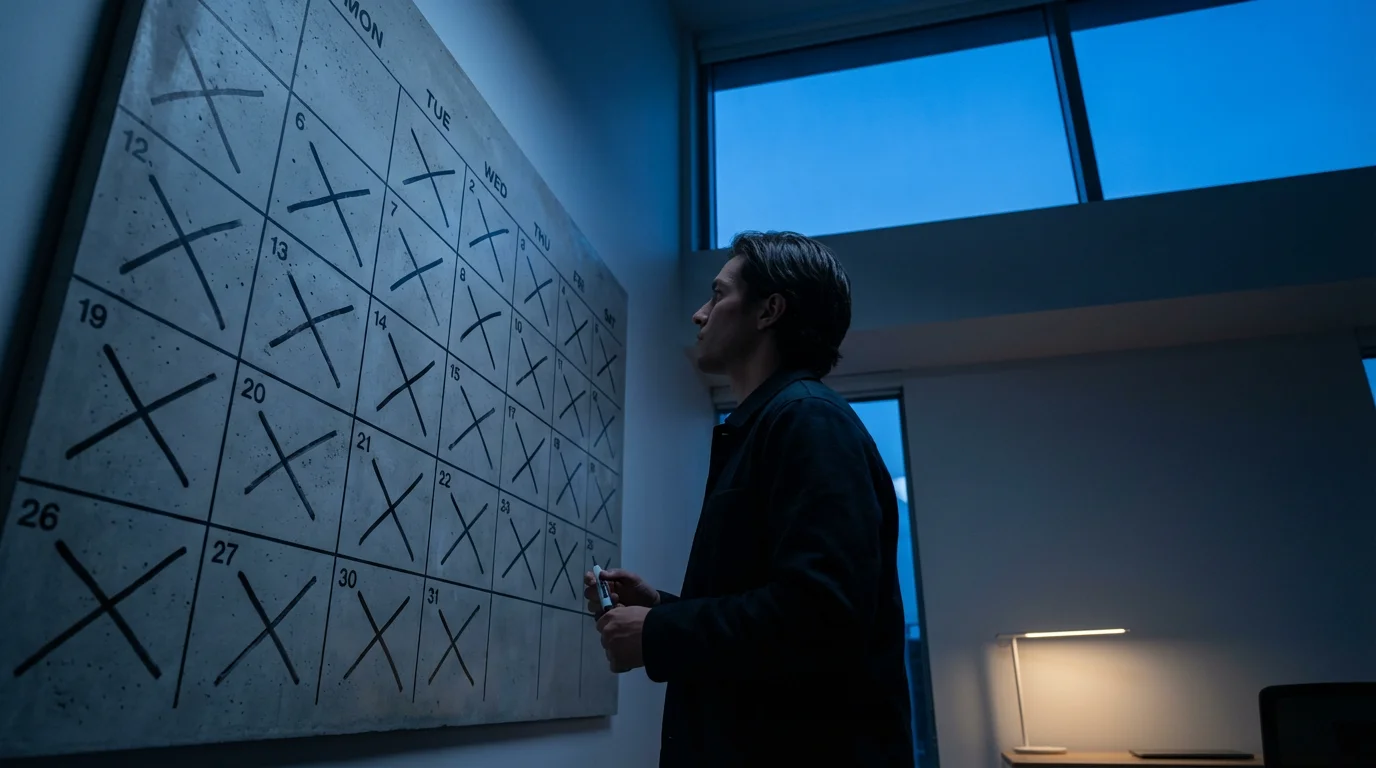 Low angle view of person reviewing a wall chart with cross marks at twilight.