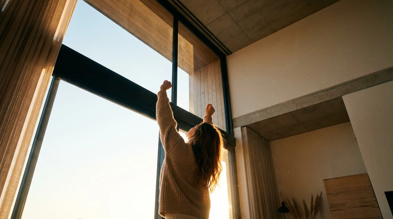 Low angle view of person stretching in front of a sunny window in a modern room.