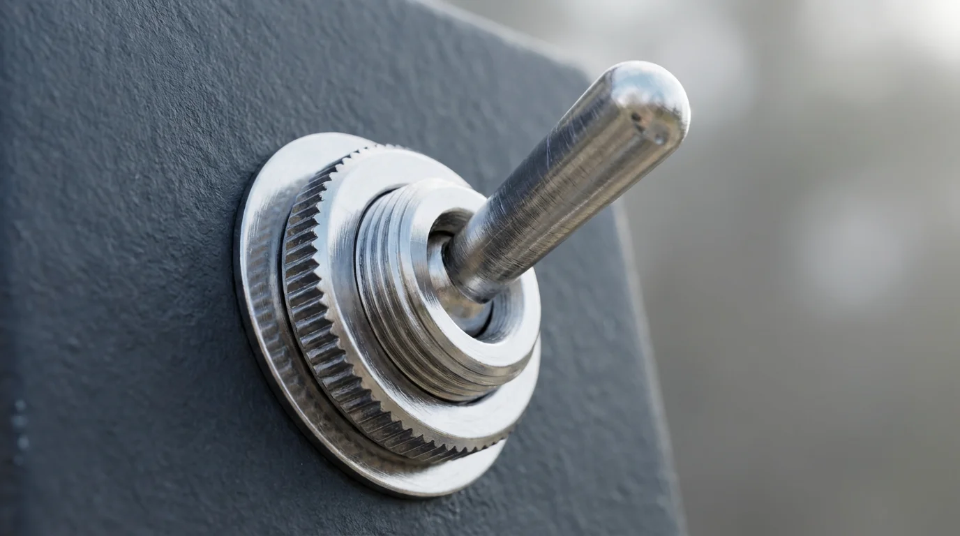 Macro close-up of a silver toggle switch representing a mental reset for productivity.