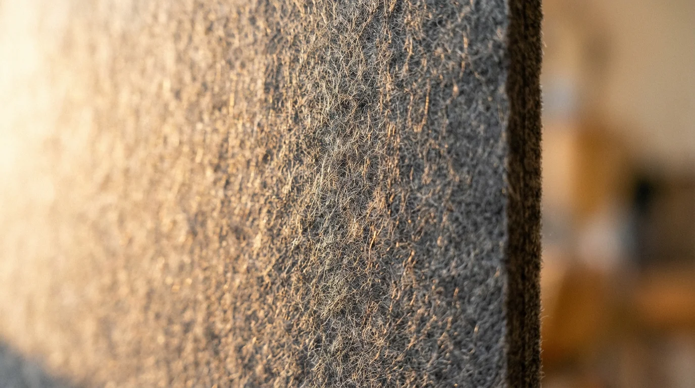 Macro close-up of acoustic felt room divider texture illuminated by warm golden sunlight