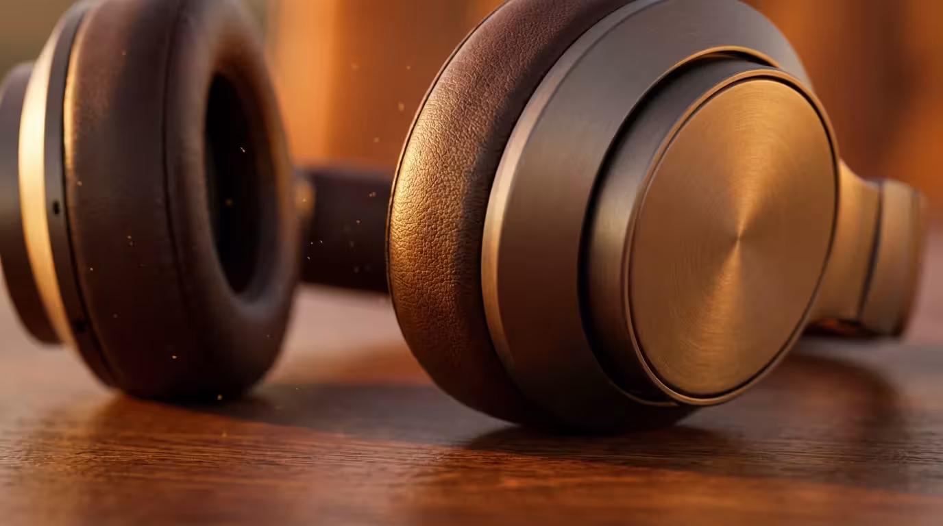 Macro close-up of noise-canceling headphone materials illuminated by warm golden hour sunlight.