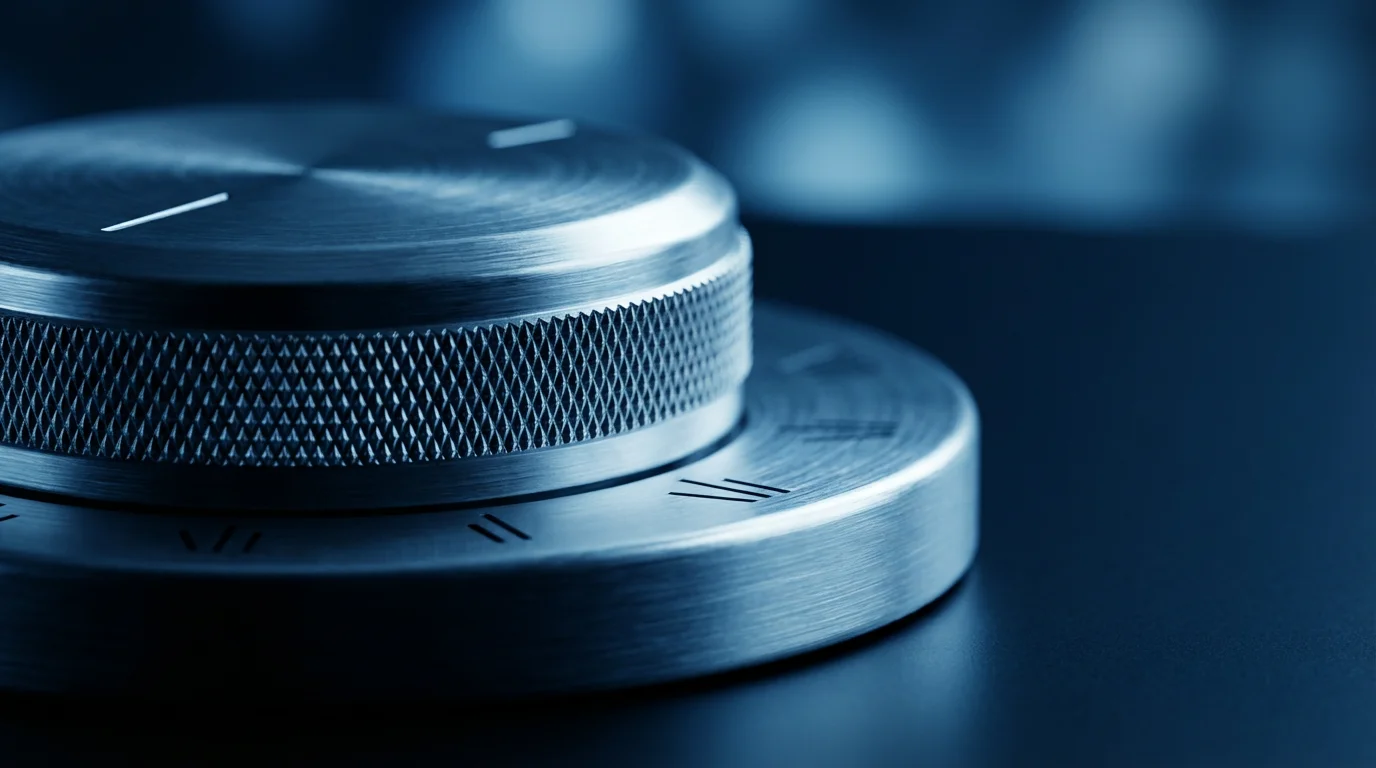 Macro photograph of a brushed metal mechanical timer knob in cool blue evening light.