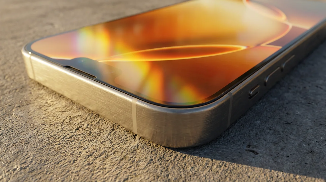 Macro photograph of a minimalist smartphone screen bathed in warm golden hour sunlight.