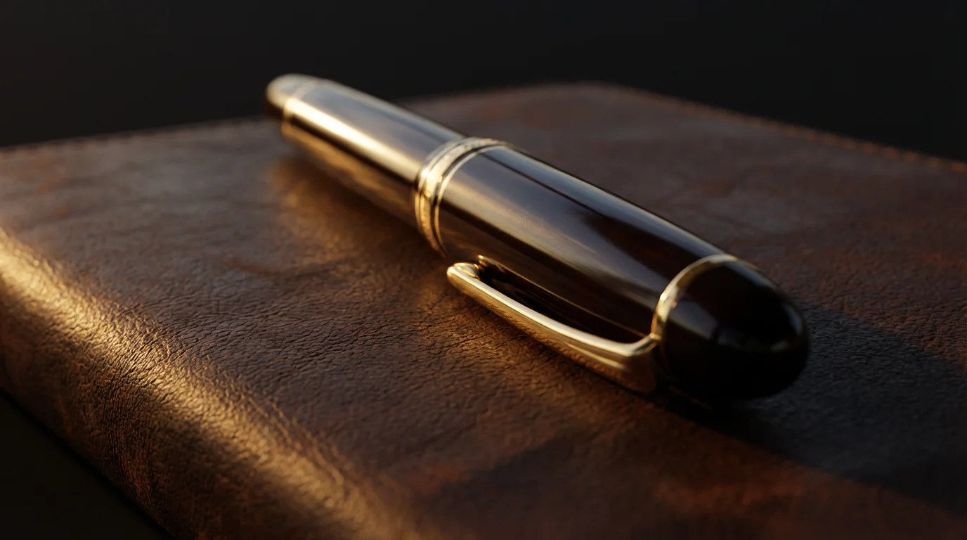 Macro photograph of a pen on a leather notebook in dramatic afternoon shadow.