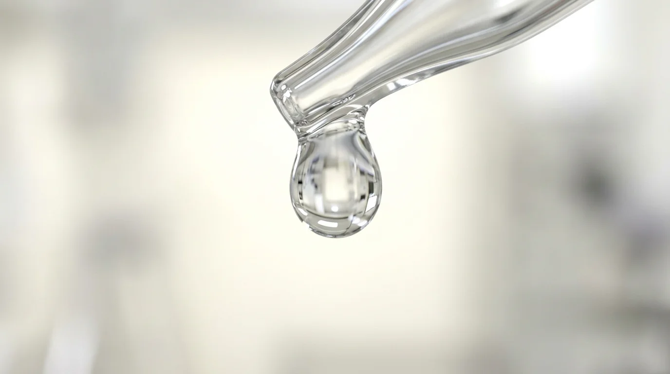 Macro photograph of a water droplet on a glass dropper symbolizing precise experimentation.