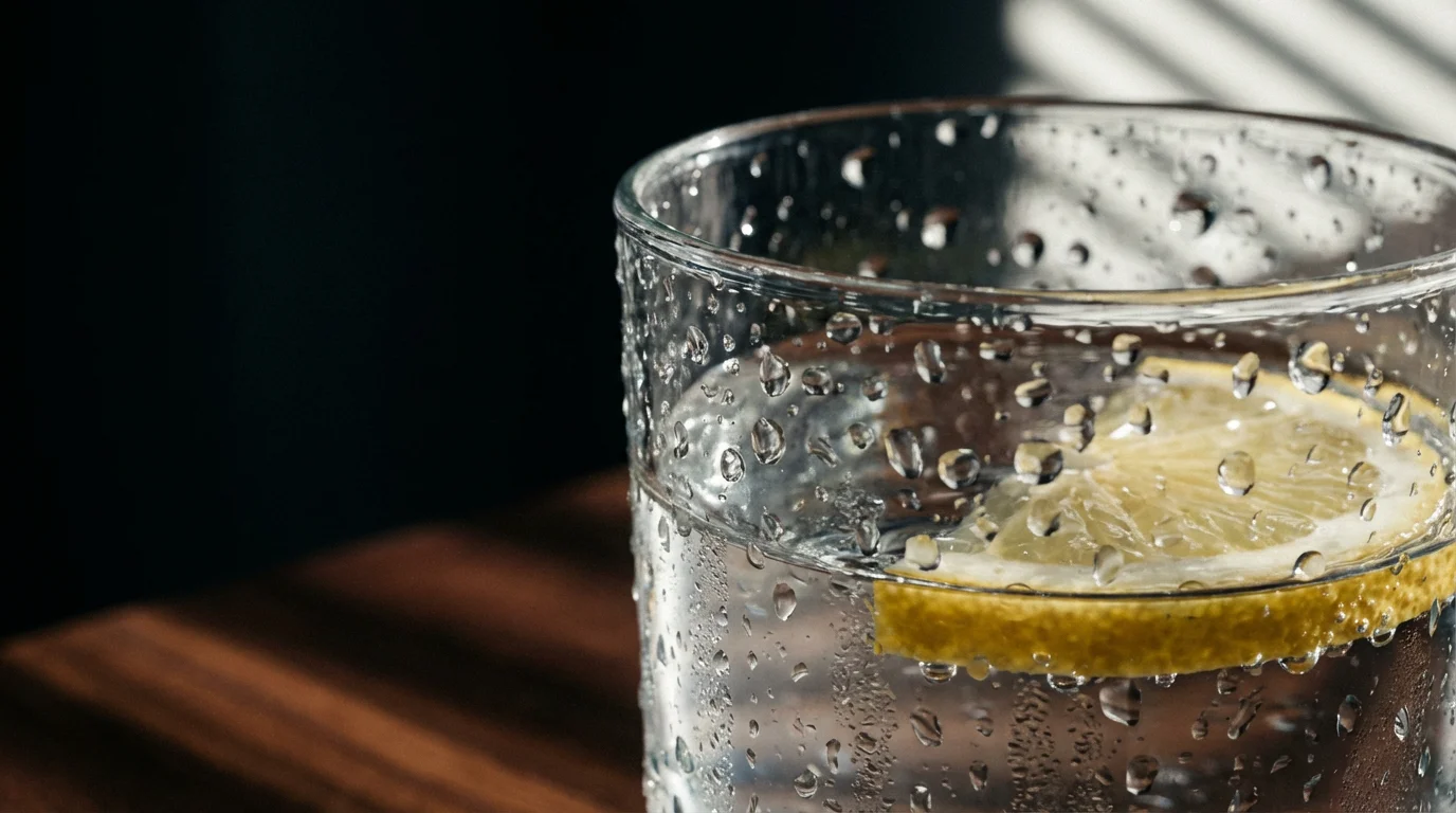 Macro photograph of condensation on a glass of water with lemon in dramatic afternoon lighting.