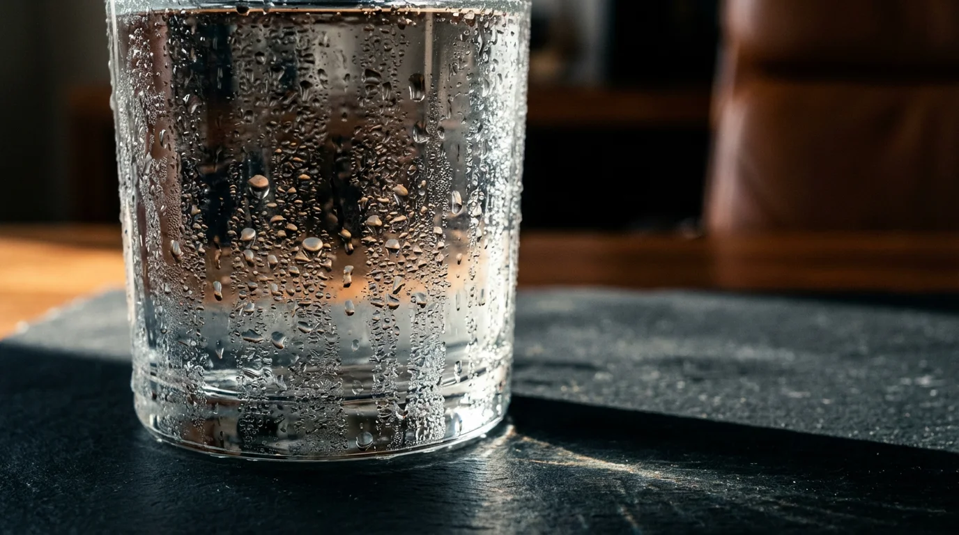 Macro photograph of condensation on a water glass in dramatic moody afternoon lighting.