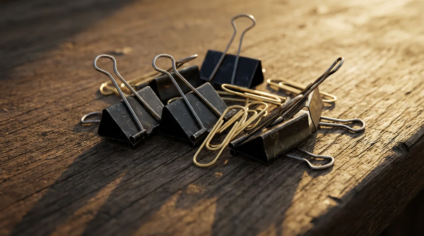 Macro photograph of organized binder clips and paperclips on a desk representing task batching.