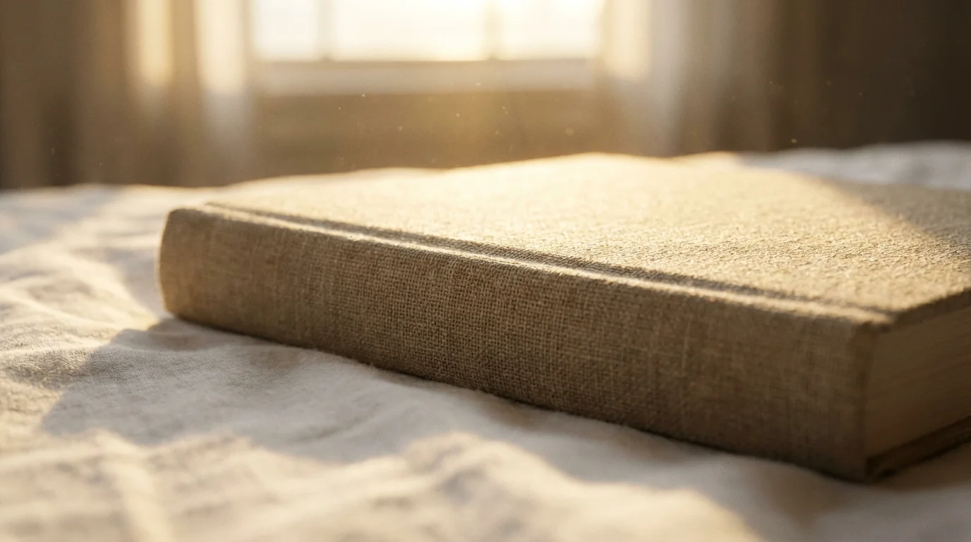 Macro photography of a book resting on white linen sheets in soft morning sunlight