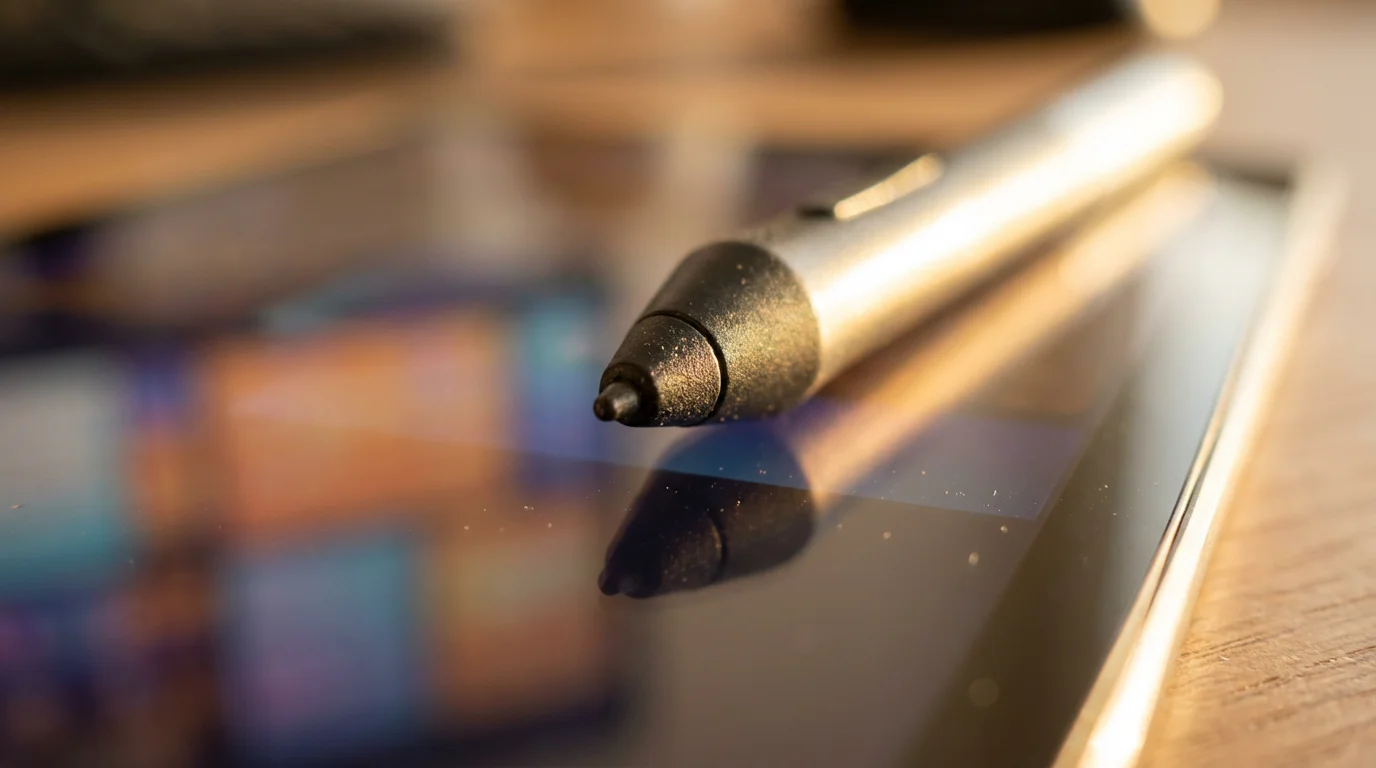 Macro photography of a digital stylus touching a tablet screen in warm golden lighting.