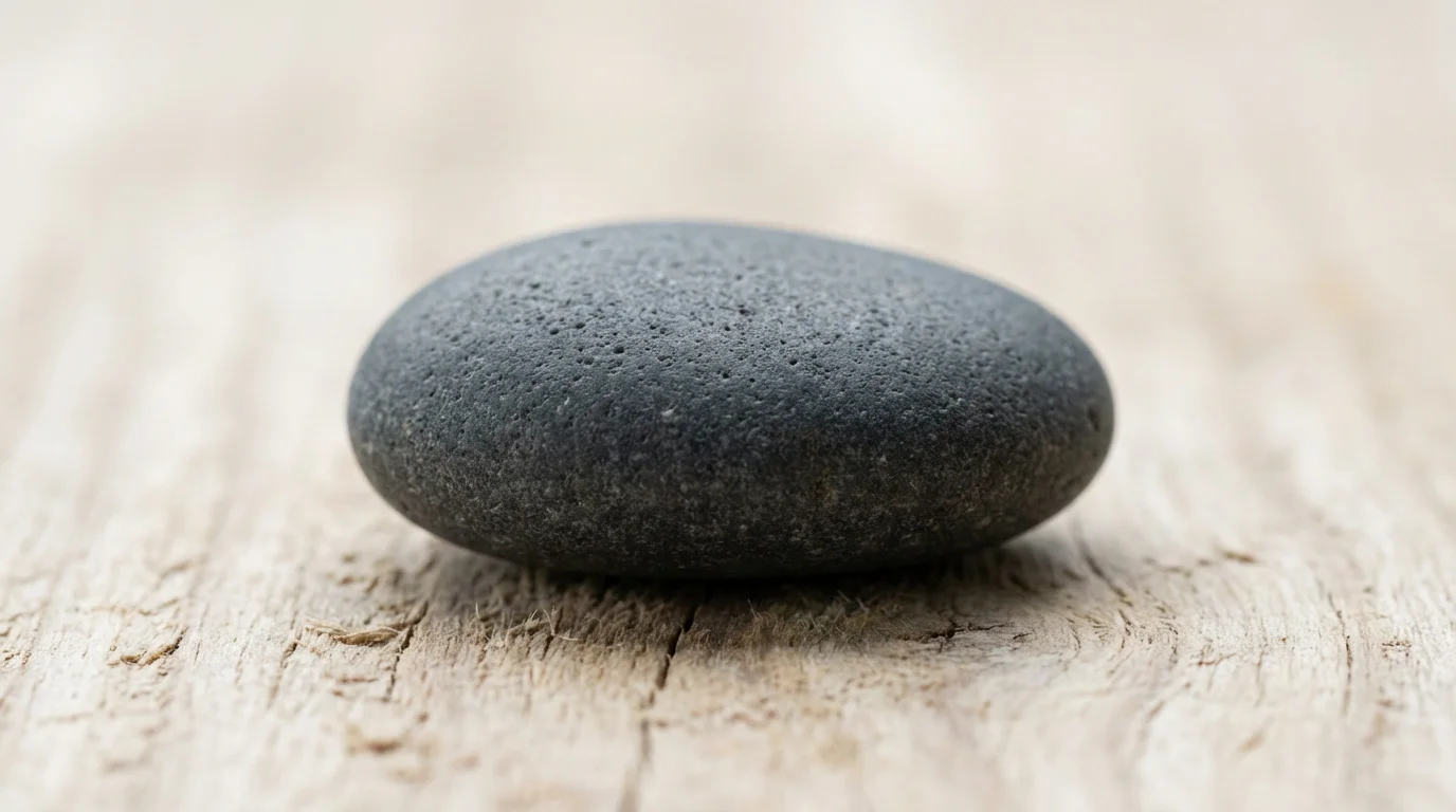 Macro photography of a smooth stone on wood grain representing mental focus and simplicity.