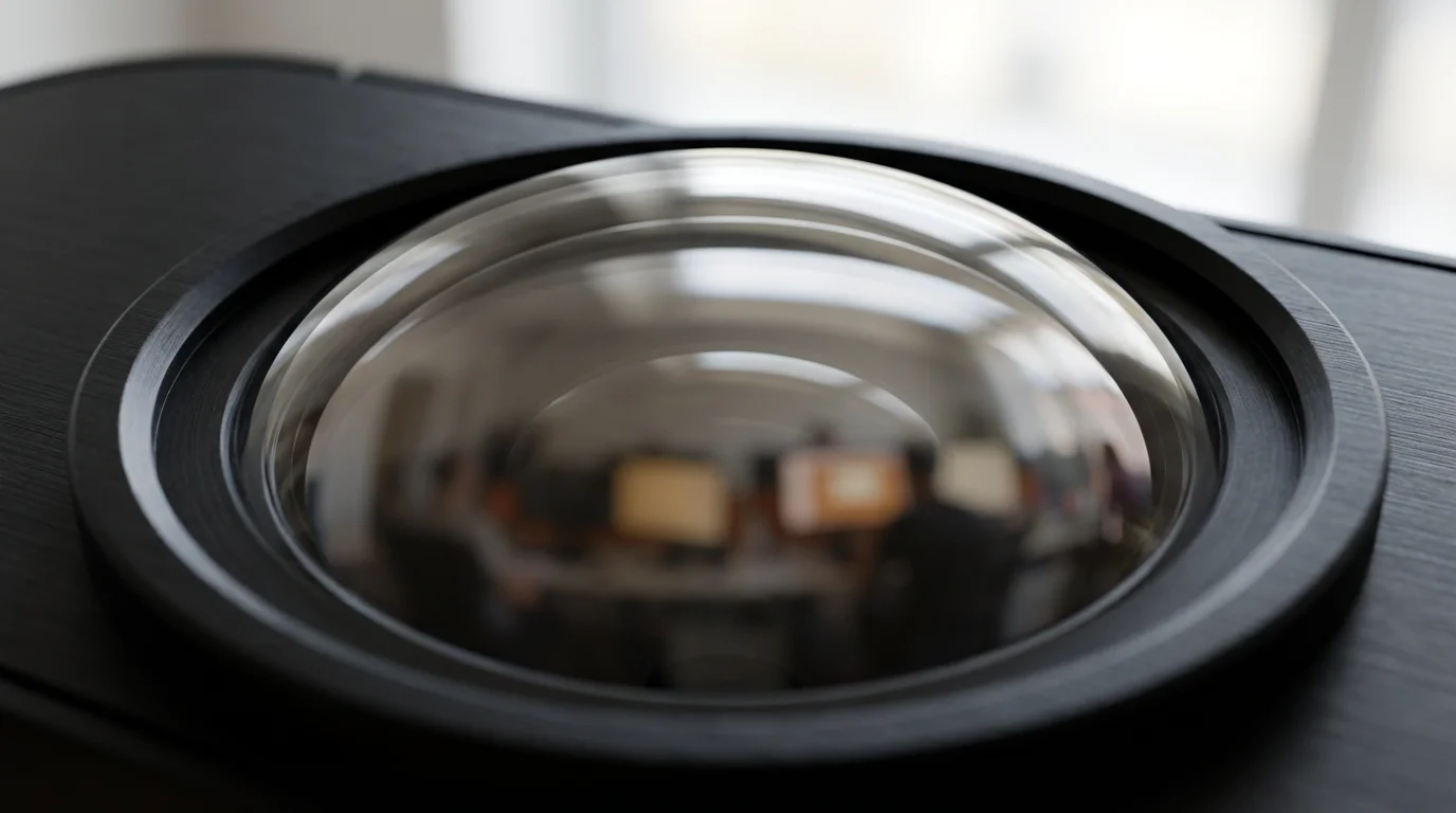 Macro photography of a webcam lens representing asynchronous video messaging.