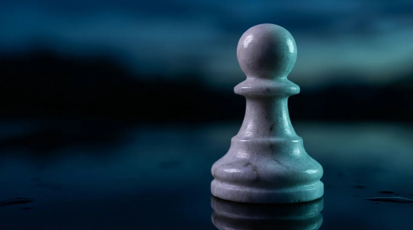 Macro photography of a white marble chess pawn illuminated by cool blue evening light.