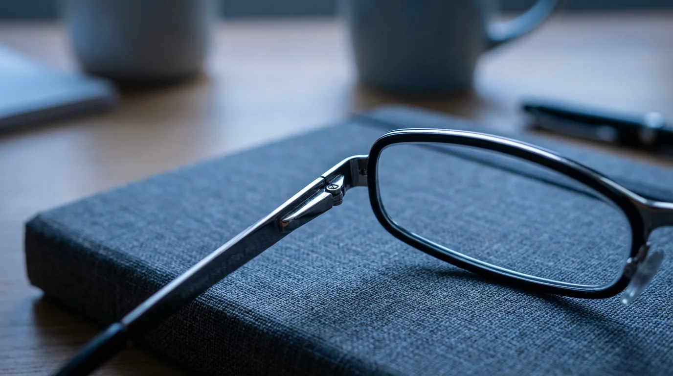 Macro photography of eyeglasses on a grey notebook in cool early morning blue lighting.
