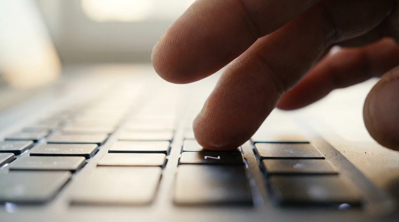 Macro photography of fingertips on a laptop keyboard illuminated by soft morning sunlight.