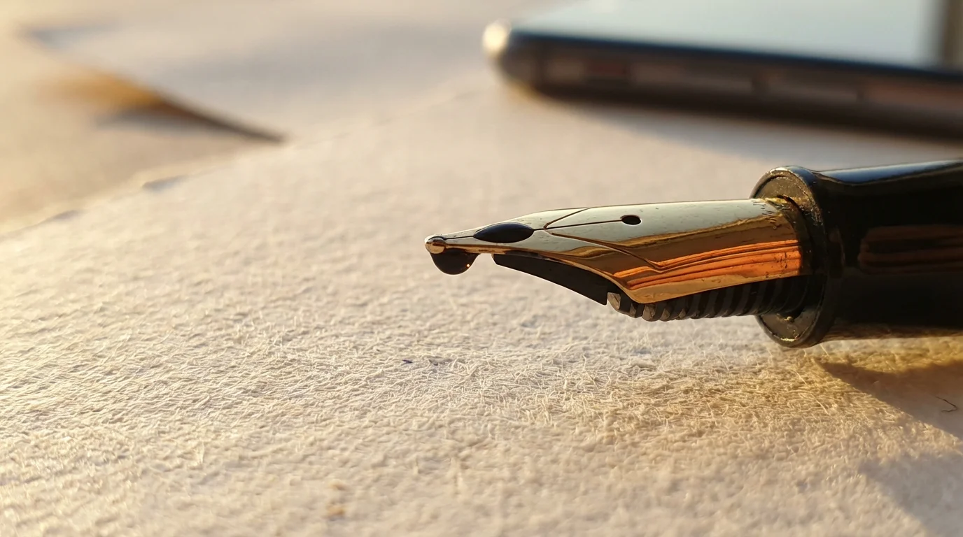 Macro photography of fountain pen tip on paper during golden hour, representing focus reset.