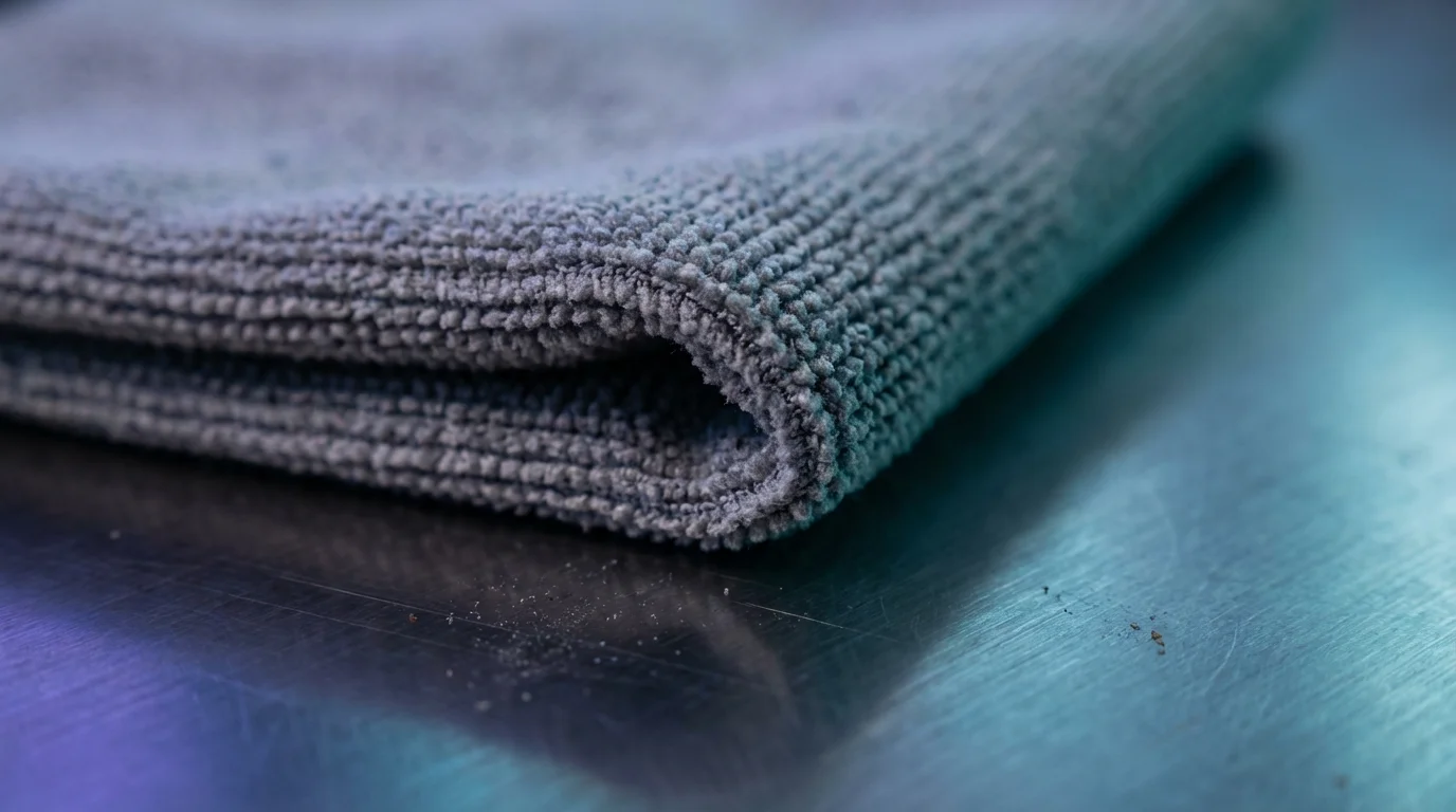 Macro photography of microfiber cloth cleaning dust from metal desk surface during blue hour.