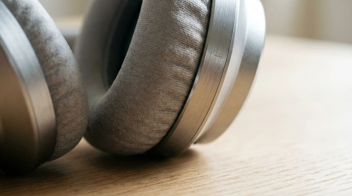Macro photography of premium headphone ear cushion texture and metal finish in soft lighting.