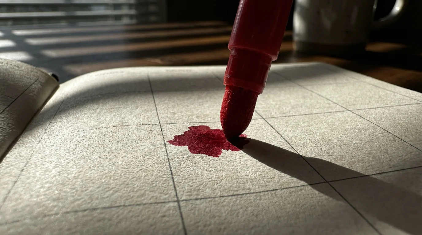 Macro photography of red marker tip on paper planner with dramatic afternoon shadows