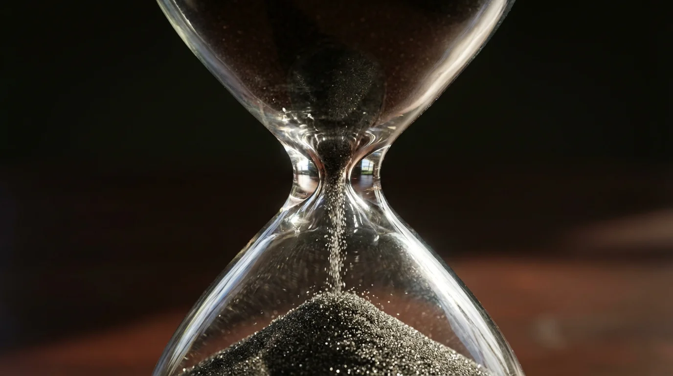 Macro photography of sand trickling through a glass hourglass with dramatic afternoon shadows.