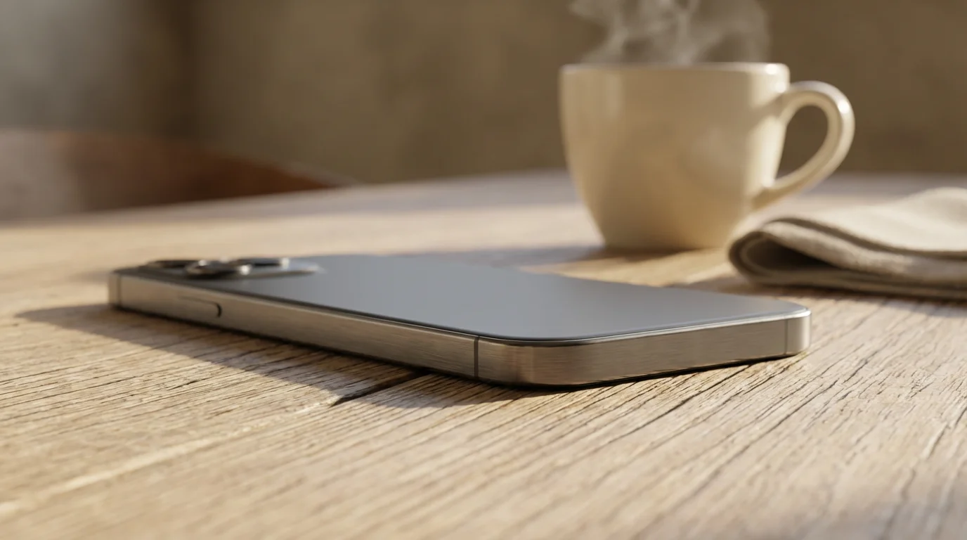 Macro photography of smartphone lying face down on wooden desk in morning light