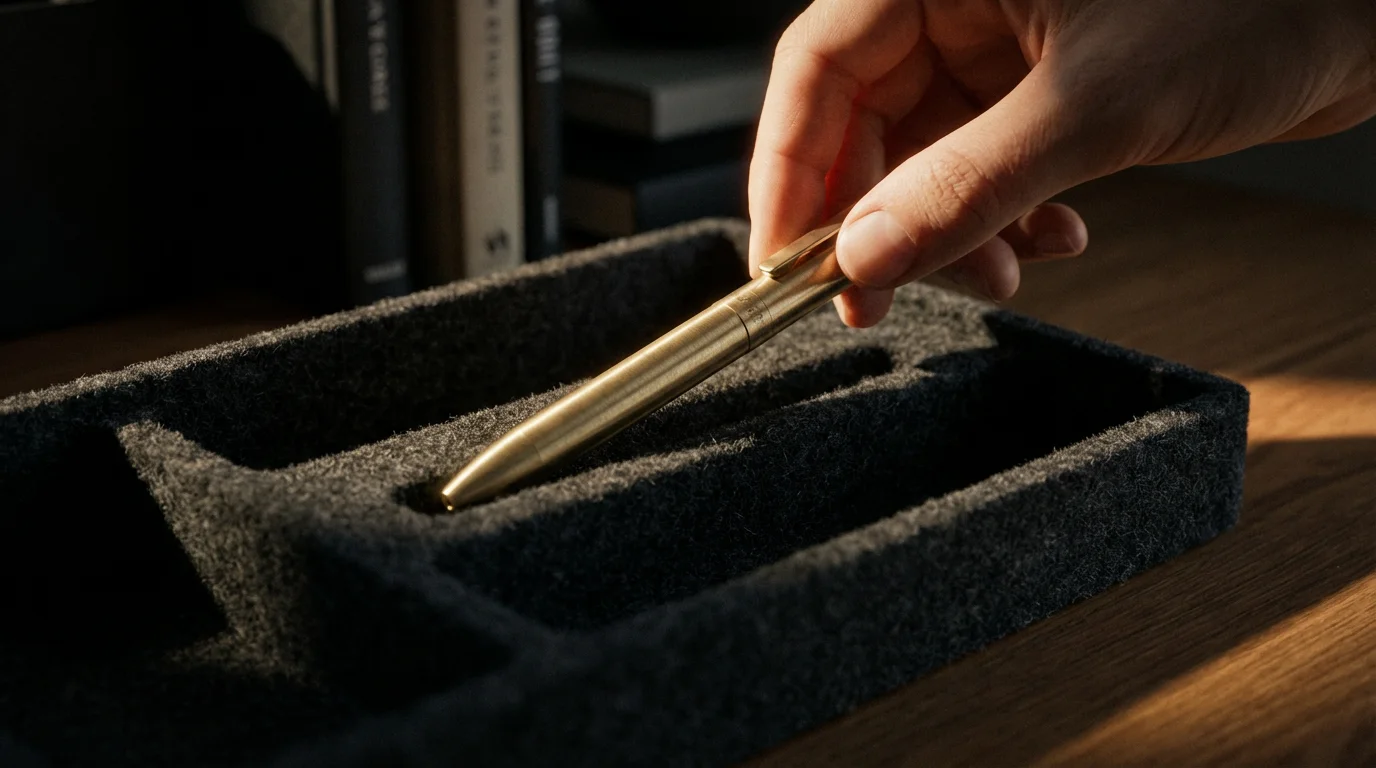 Macro shot of a hand placing a pen into a felt organizer tray.