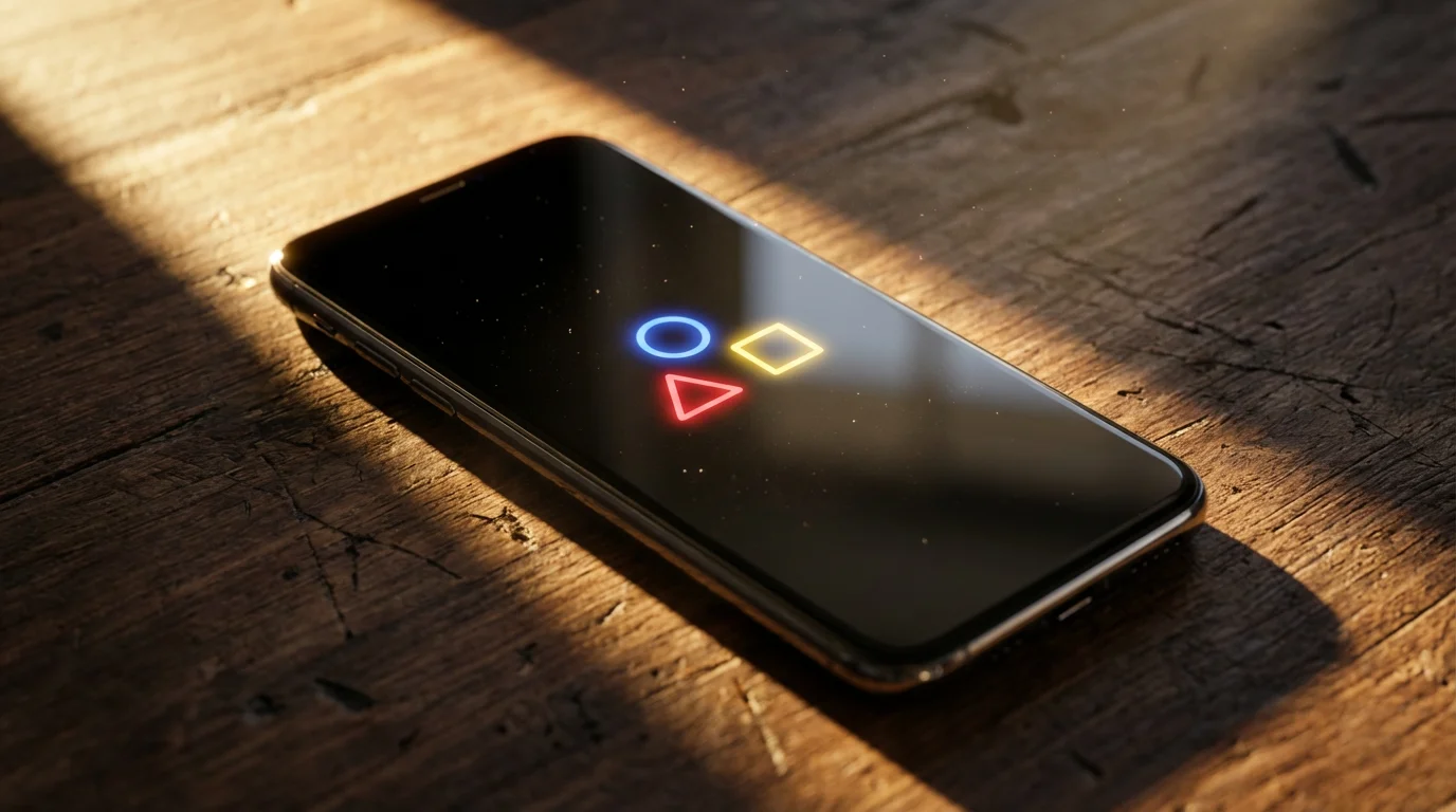 Macro shot of a minimalist smartphone screen with abstract icons in moody afternoon lighting.