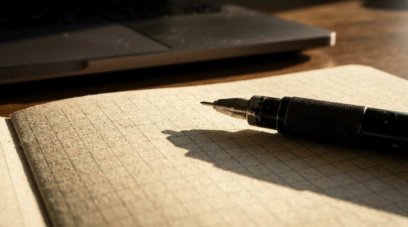 Macro shot of a pen on a notebook with dramatic afternoon lighting.